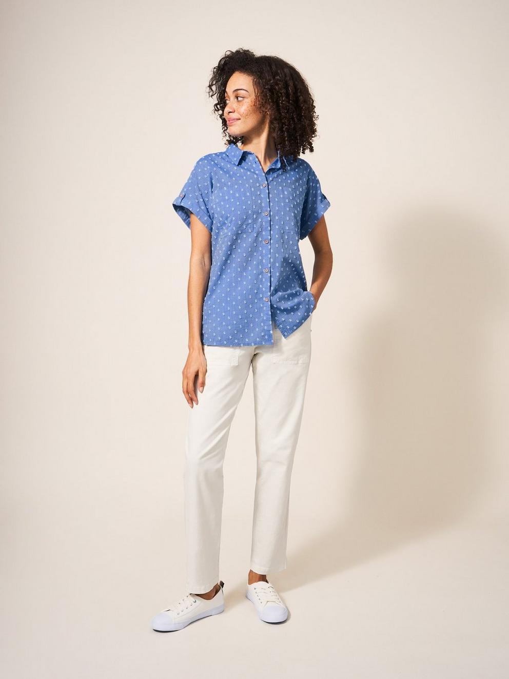 Ella Organic Cotton Shirt in BLUE MLT - MODEL FRONT