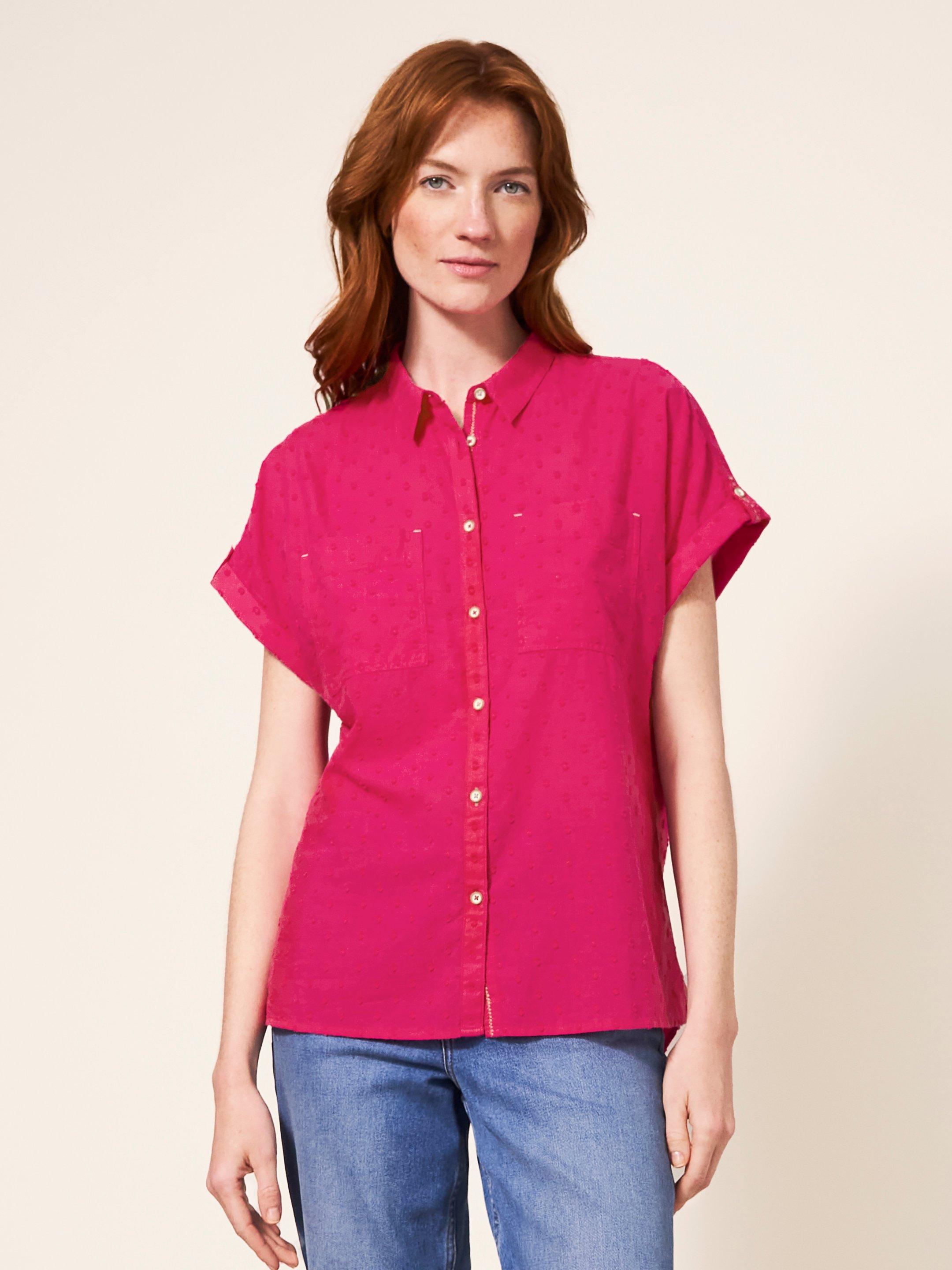 Ella Organic Cotton Shirt in BRT PINK - MODEL FRONT