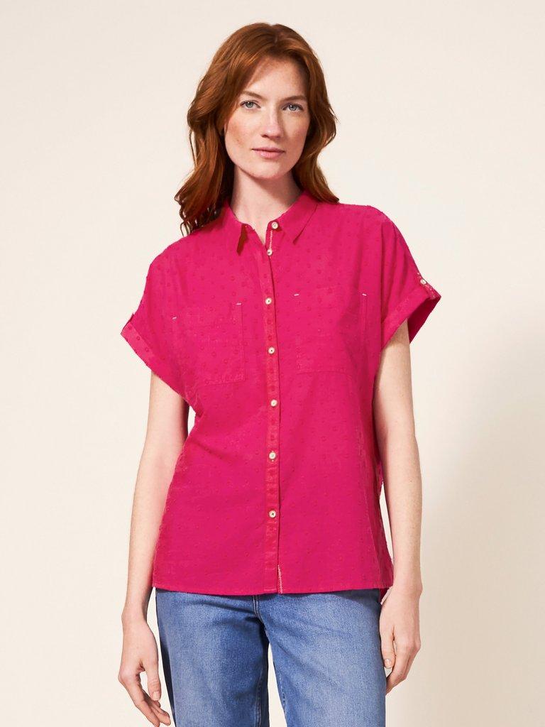Ella Organic Cotton Shirt in BRT PINK - MODEL FRONT