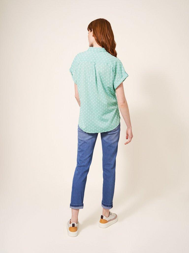 Ella Organic Cotton Shirt in MID GREEN - MODEL BACK