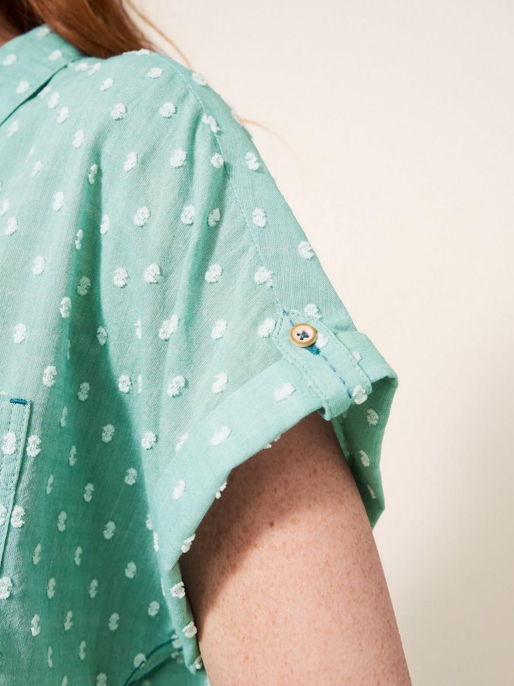 Ella Organic Cotton Shirt in MID GREEN - MODEL DETAIL