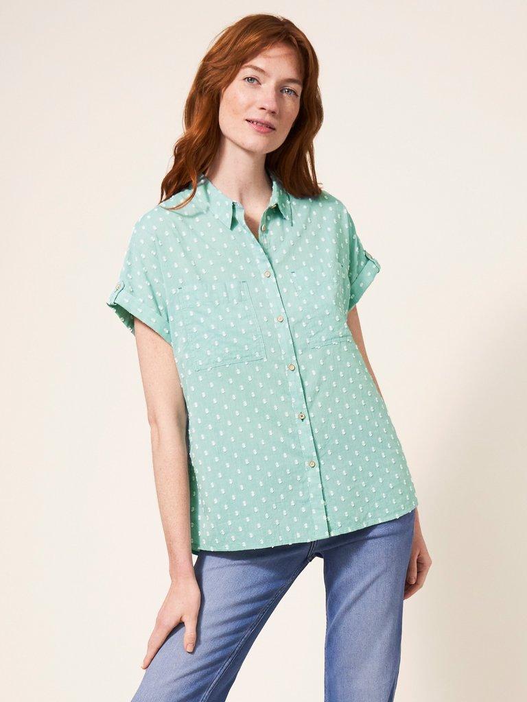 Ella Organic Cotton Shirt in MID GREEN - MODEL FRONT