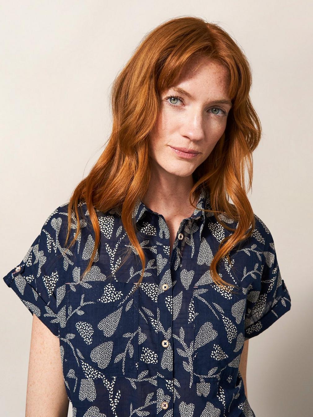 Ella Organic Cotton Shirt in NAVY PR - MODEL DETAIL