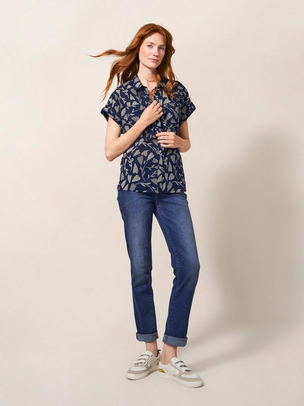 Ella Organic Cotton Shirt in NAVY PR - MODEL FRONT