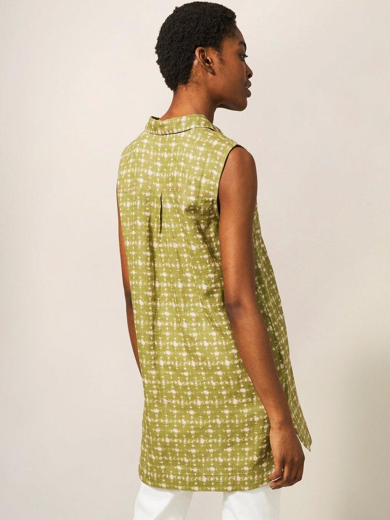 Elsie Sleeveless Linen Tunic in GREEN MLT - MODEL BACK