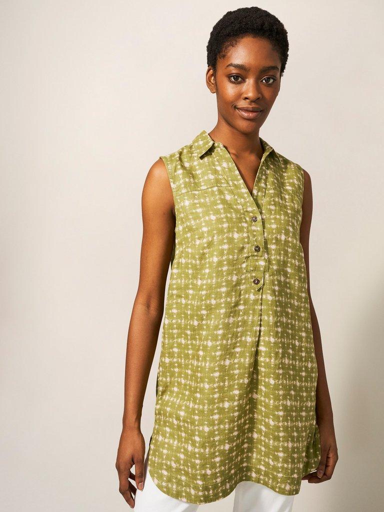 Elsie Sleeveless Linen Tunic in GREEN MLT - MODEL DETAIL