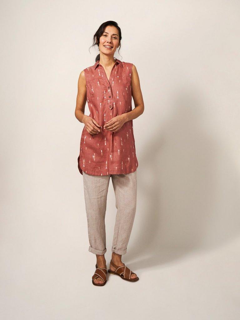 Elsie Sleeveless Linen Tunic in RED MLT - MODEL FRONT