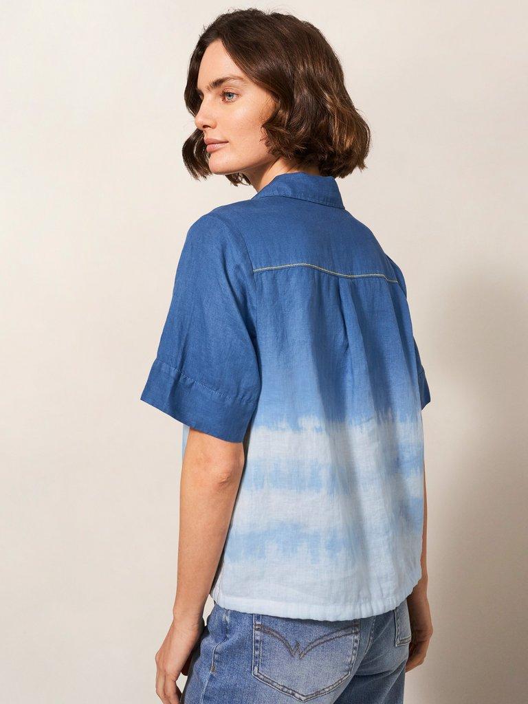 Lily Tie Hem Linen Shirt in NAVY MULTI - MODEL BACK