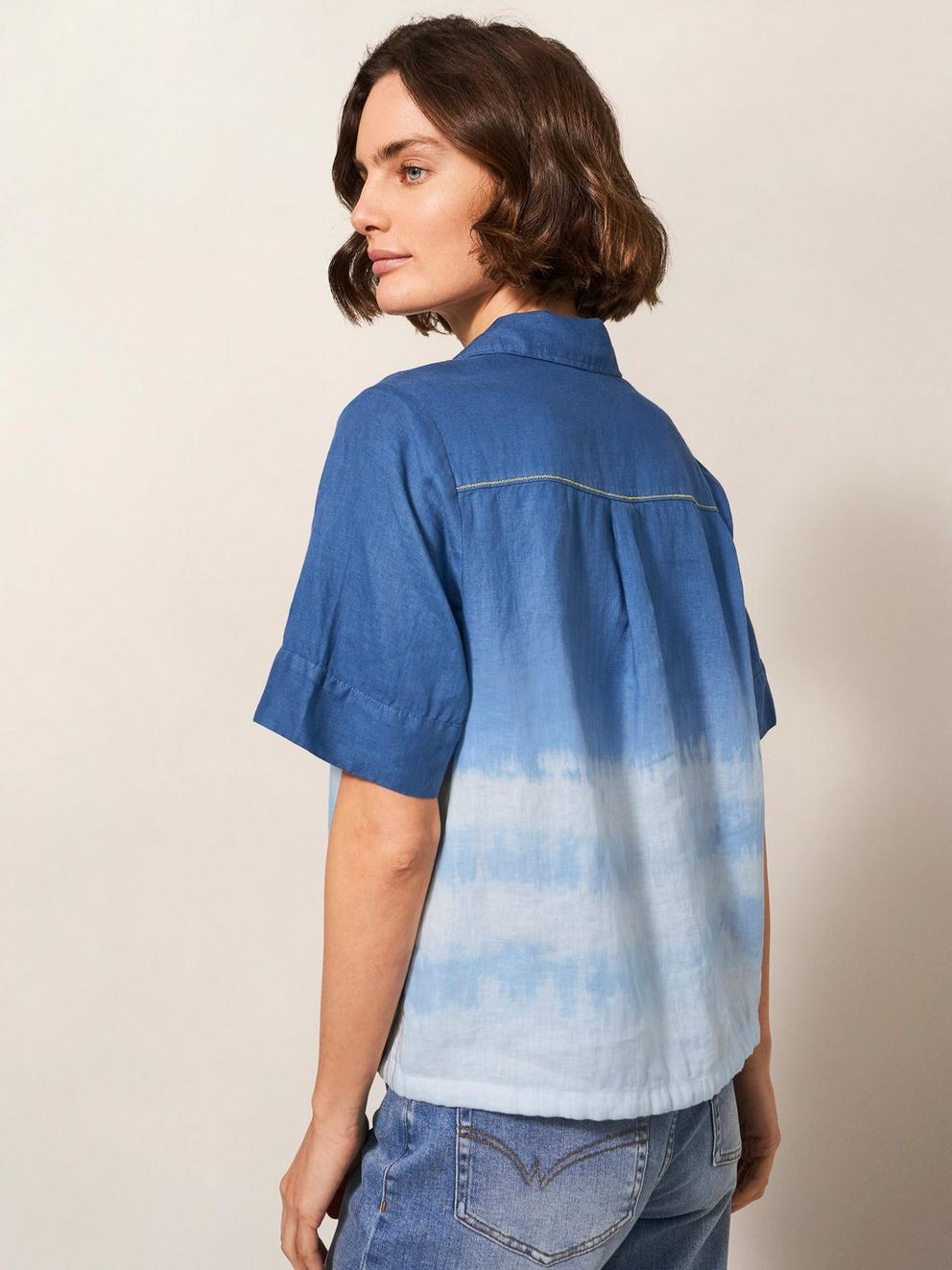 Lily Tie Hem Linen Shirt in NAVY MULTI - MODEL BACK