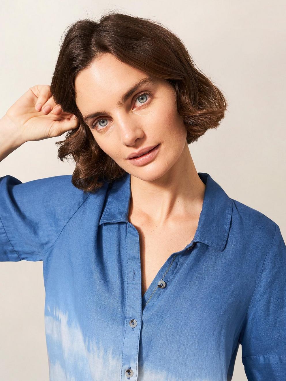 Lily Tie Hem Linen Shirt in NAVY MULTI - MODEL DETAIL
