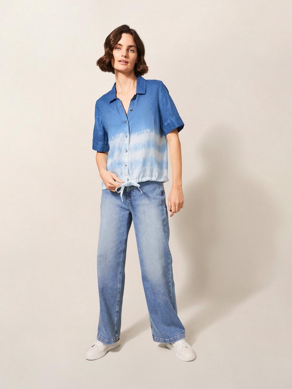 Lily Tie Hem Linen Shirt in NAVY MULTI - MODEL FRONT