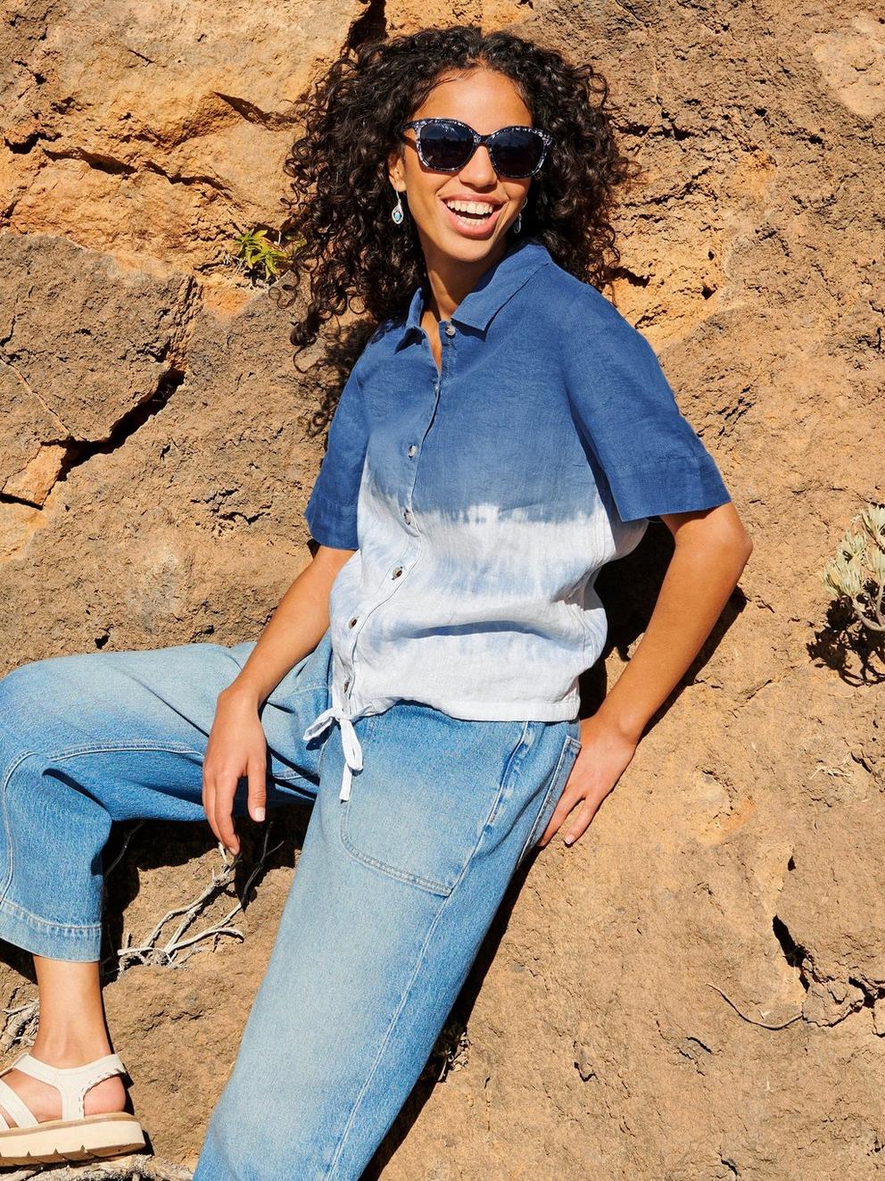 Lily Tie Hem Linen Shirt in NAVY MULTI - MIXED