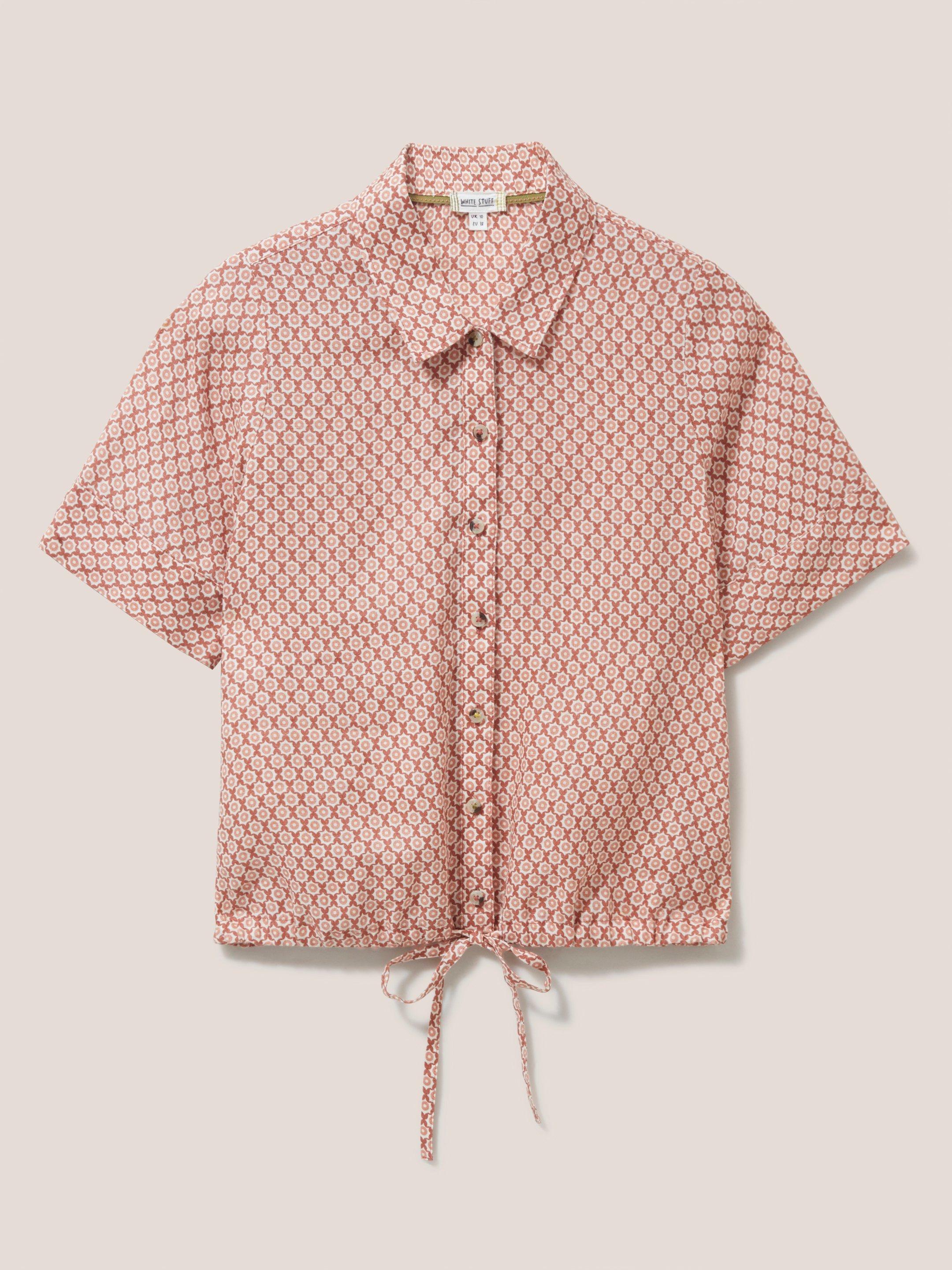 Lily Tie Hem Linen Shirt in RED MLT - FLAT FRONT