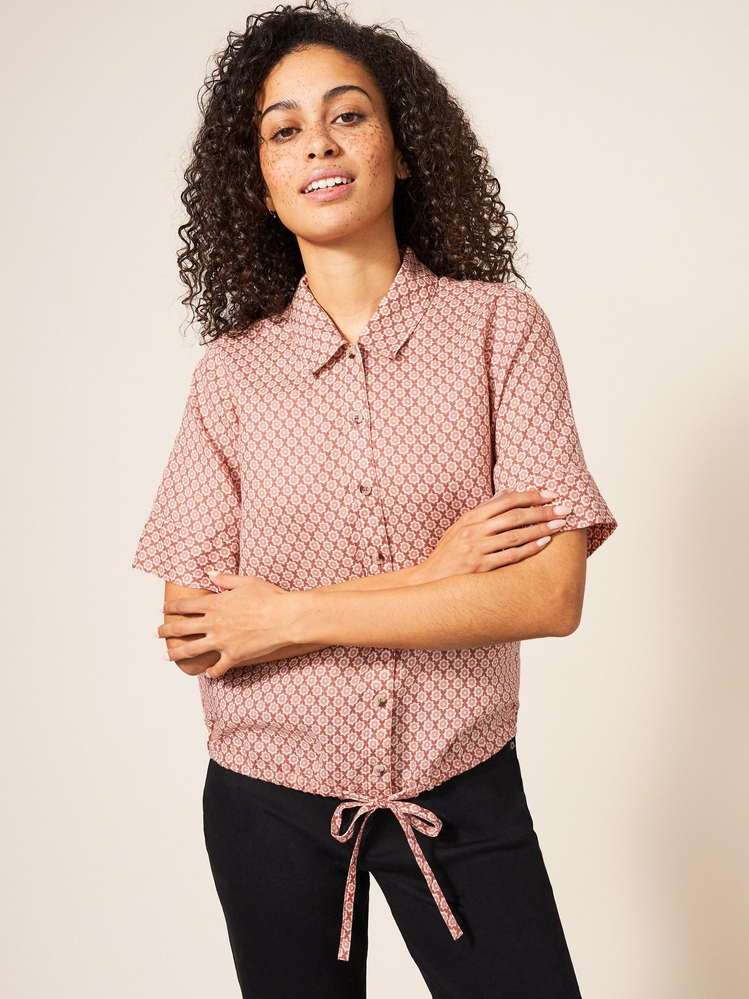 Lily Tie Hem Linen Shirt in RED MLT - LIFESTYLE