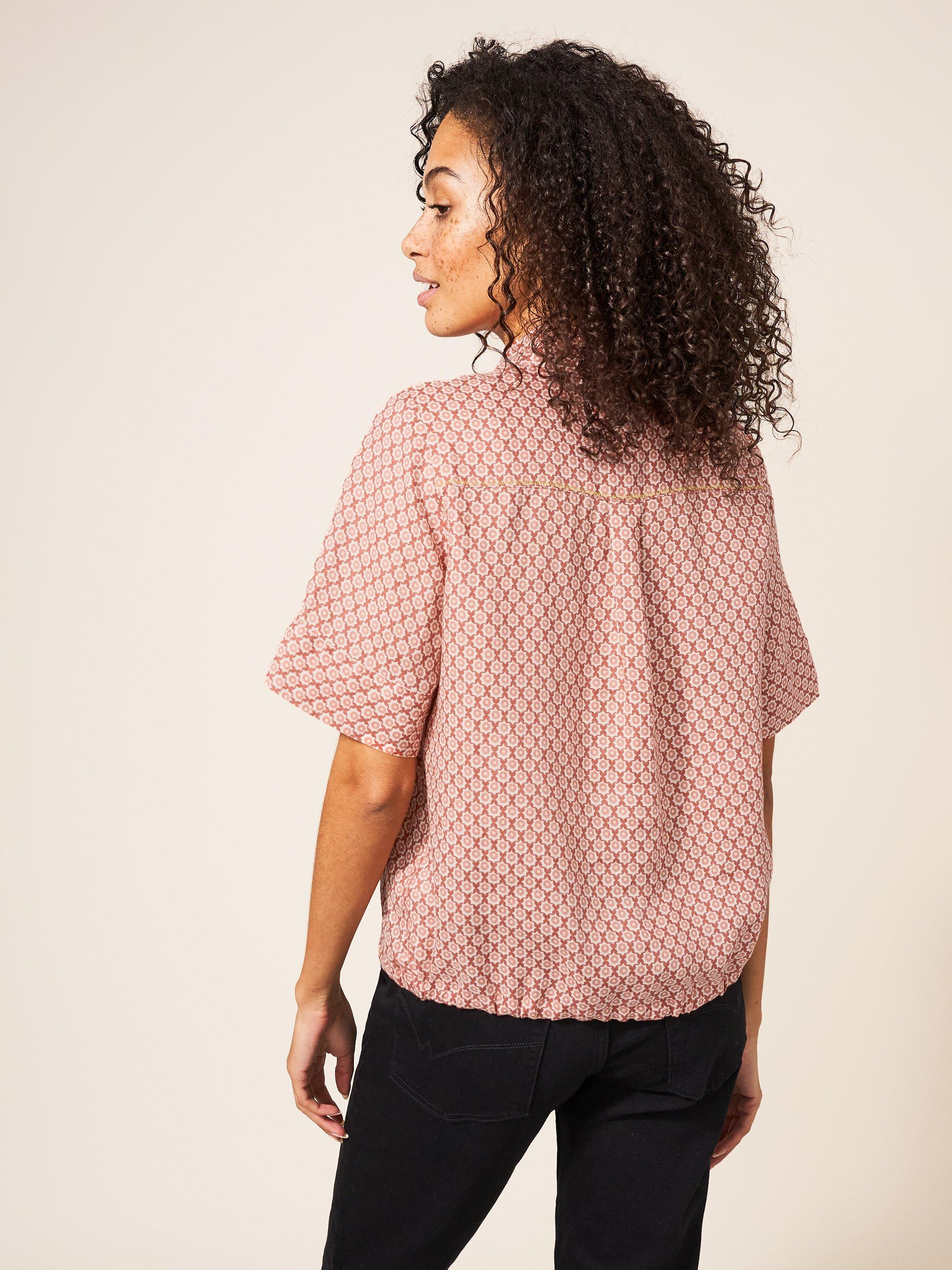 Lily Tie Hem Linen Shirt in RED MLT - MODEL BACK