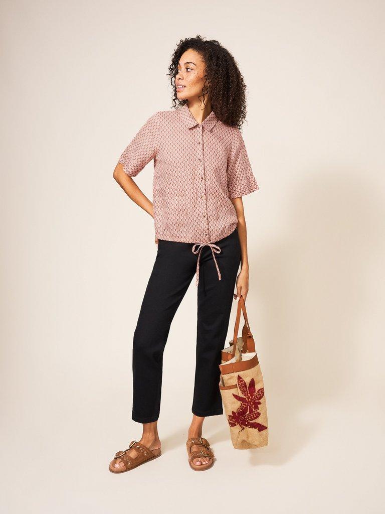 Lily Tie Hem Linen Shirt in RED MLT - MODEL FRONT