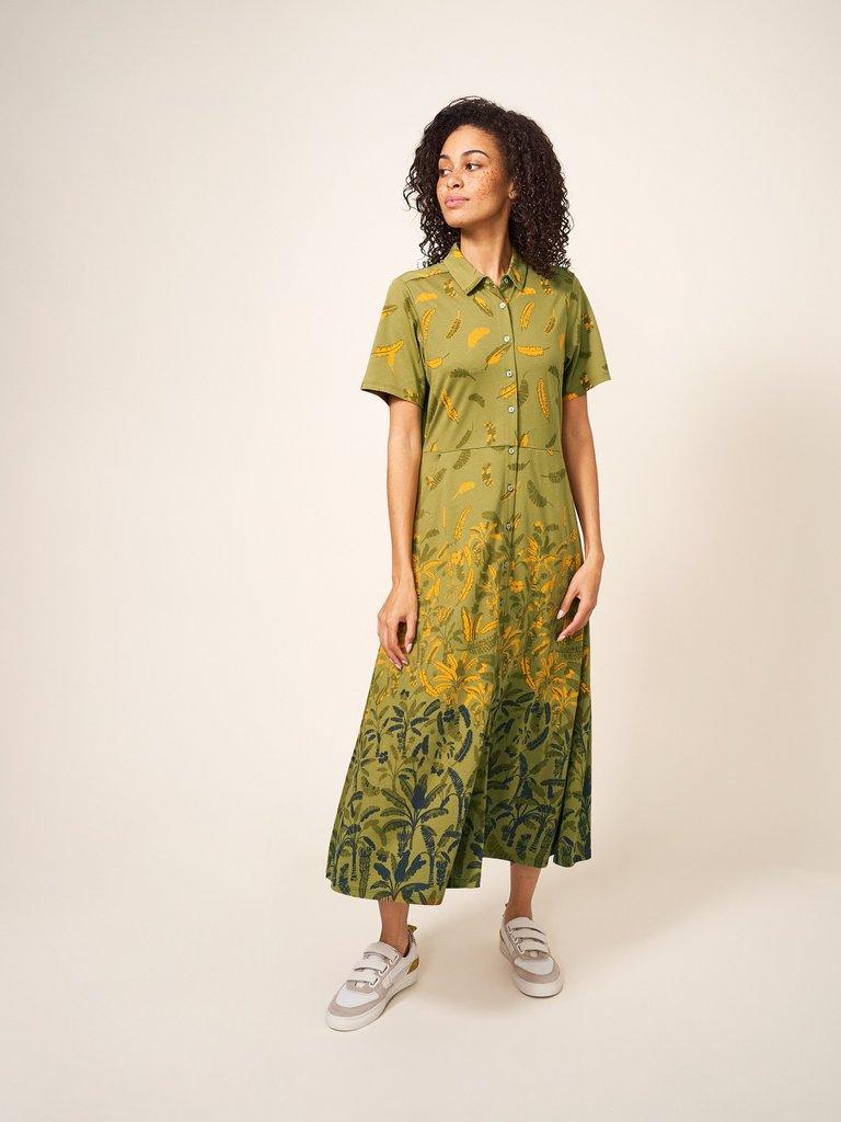 Rua Jersey Short Sleeve Shirt Dress in GREEN MLT - MODEL FRONT
