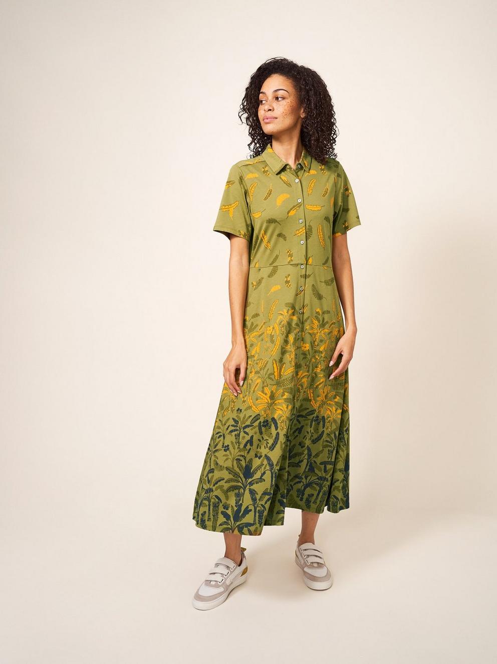 Rua Jersey Short Sleeve Shirt Dress in GREEN MLT - MODEL FRONT