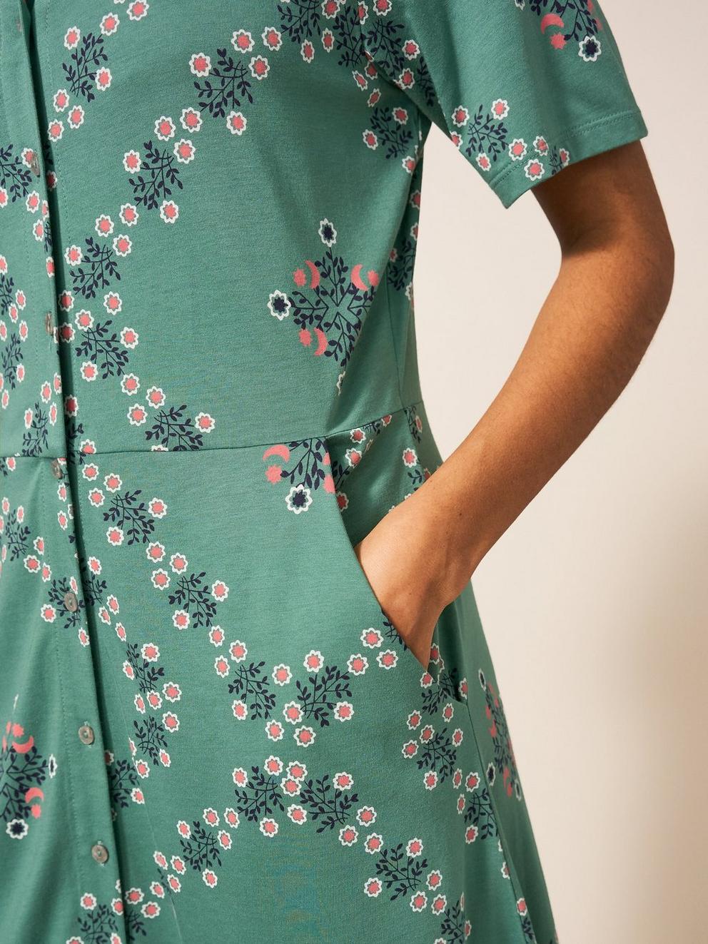 Rua Jersey Short Sleeve Shirt Dress in TEAL MLT - MODEL DETAIL