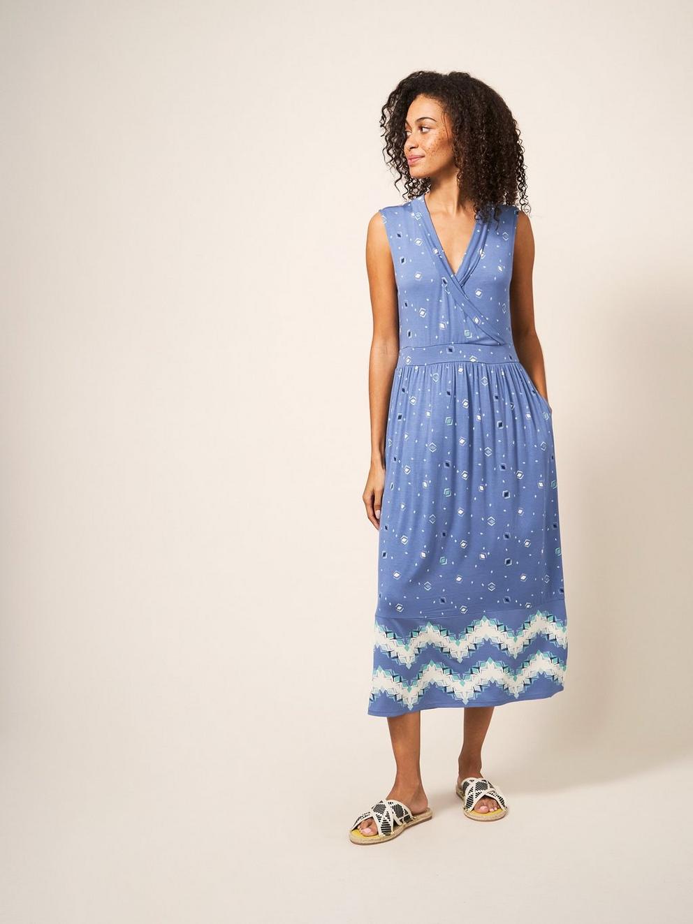 Zoe Eco Vero Jersey Dress in BLUE MLT - MODEL FRONT