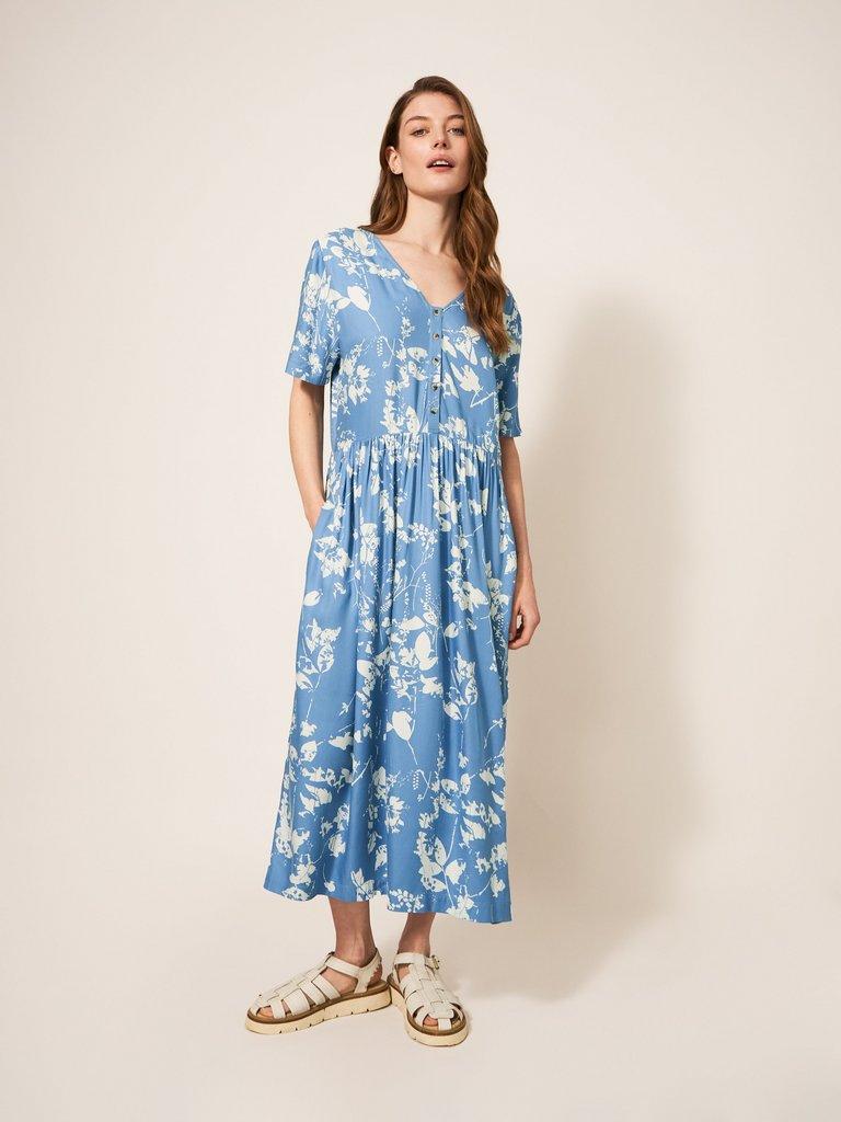 Elisa Eco Vero Midi Dress in BLUE MLT - MODEL FRONT