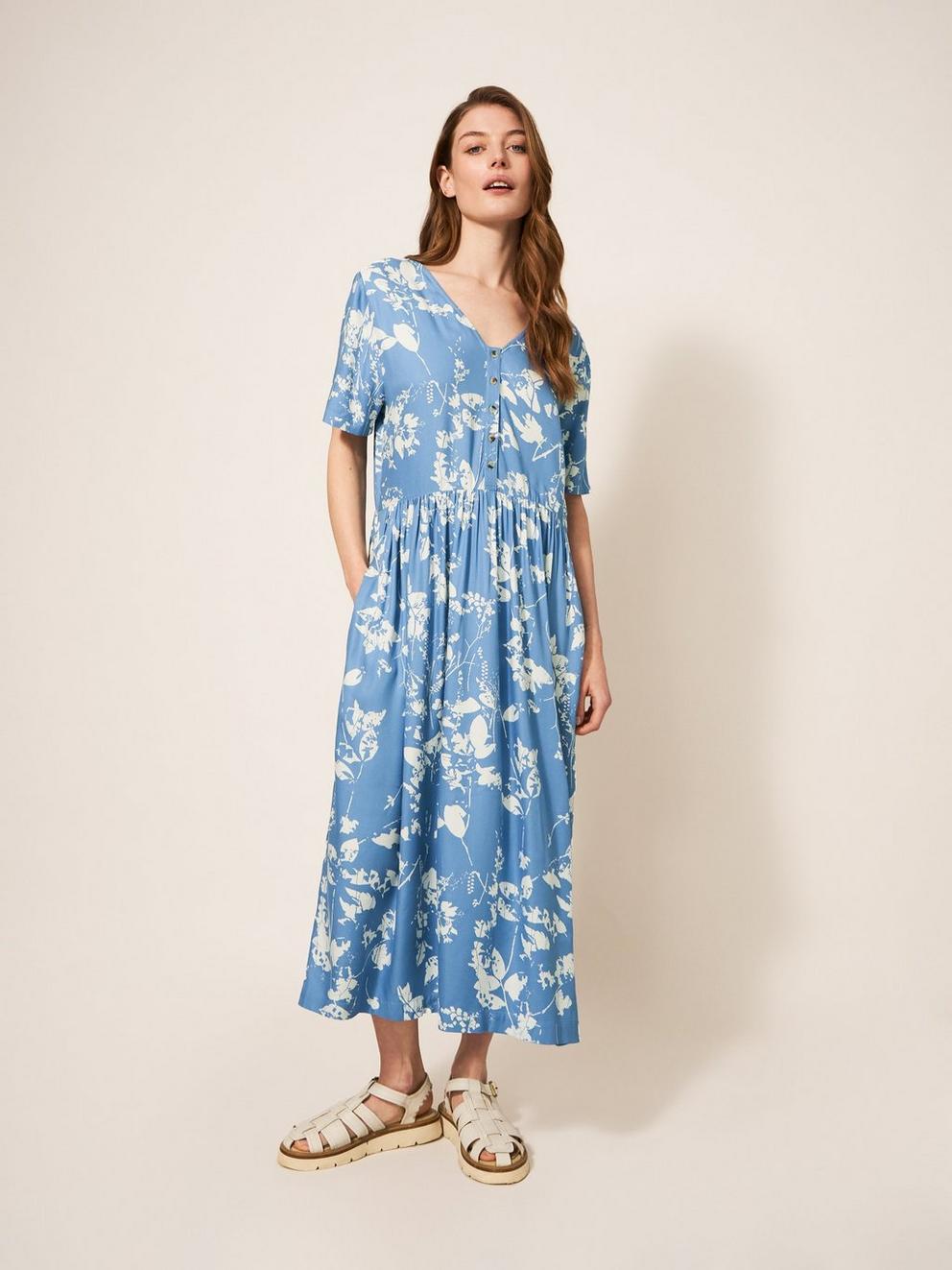 Elisa Eco Vero Midi Dress in BLUE MLT - MODEL FRONT