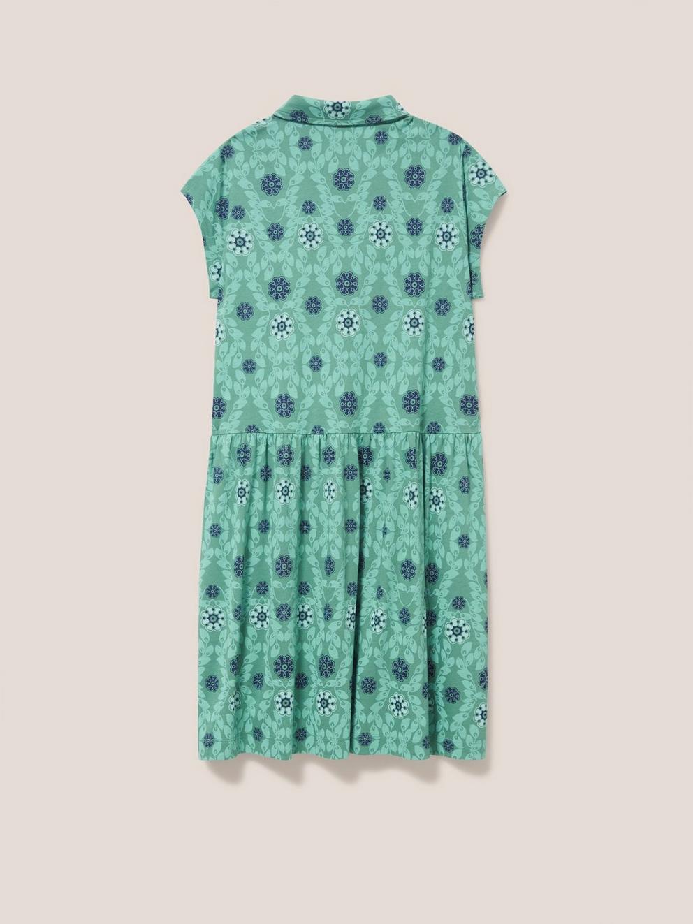 Everly Collared Jersey Shirt Dress in TEAL MLT - FLAT BACK