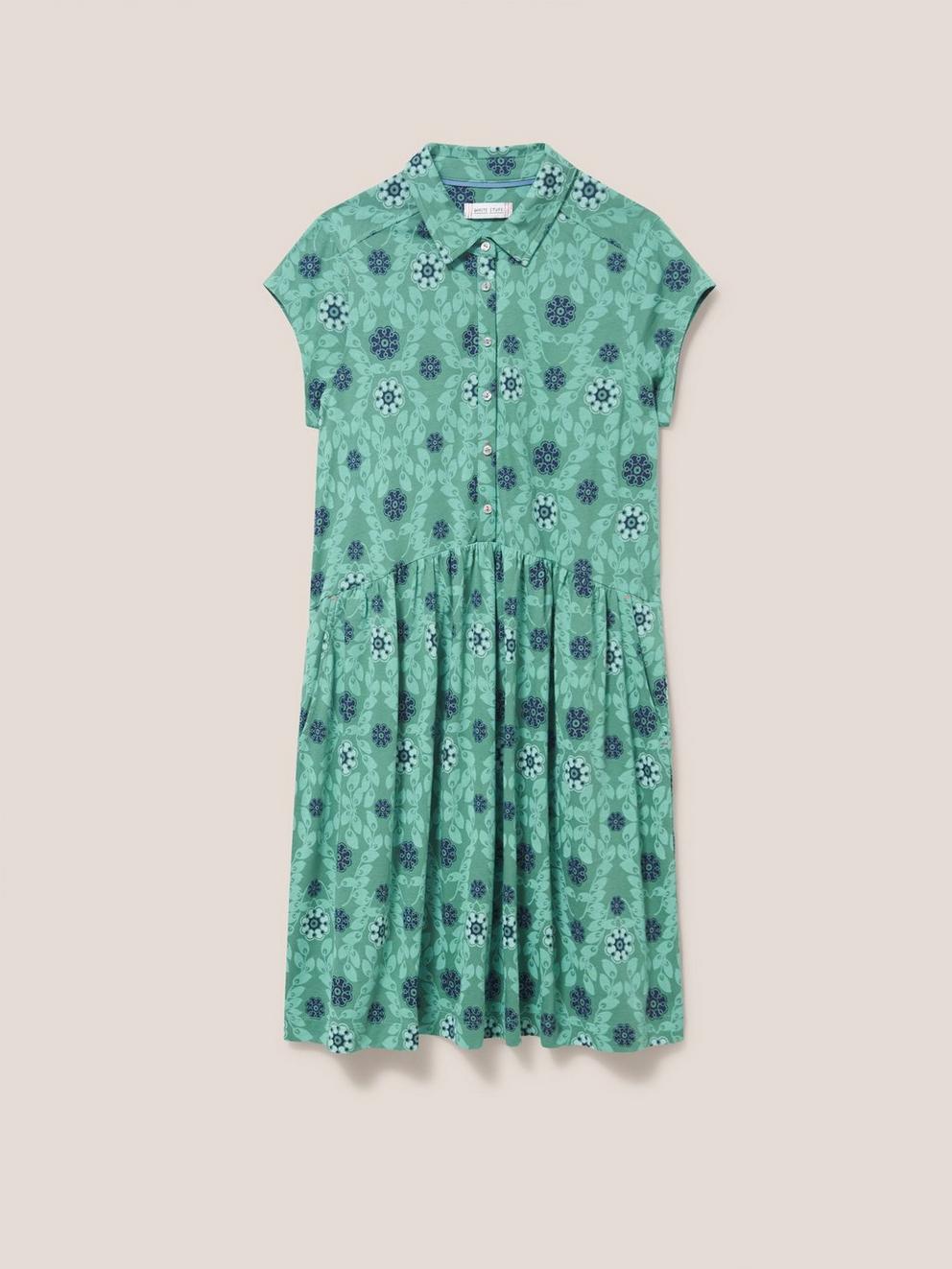 Everly Collared Jersey Shirt Dress in TEAL MLT - FLAT FRONT
