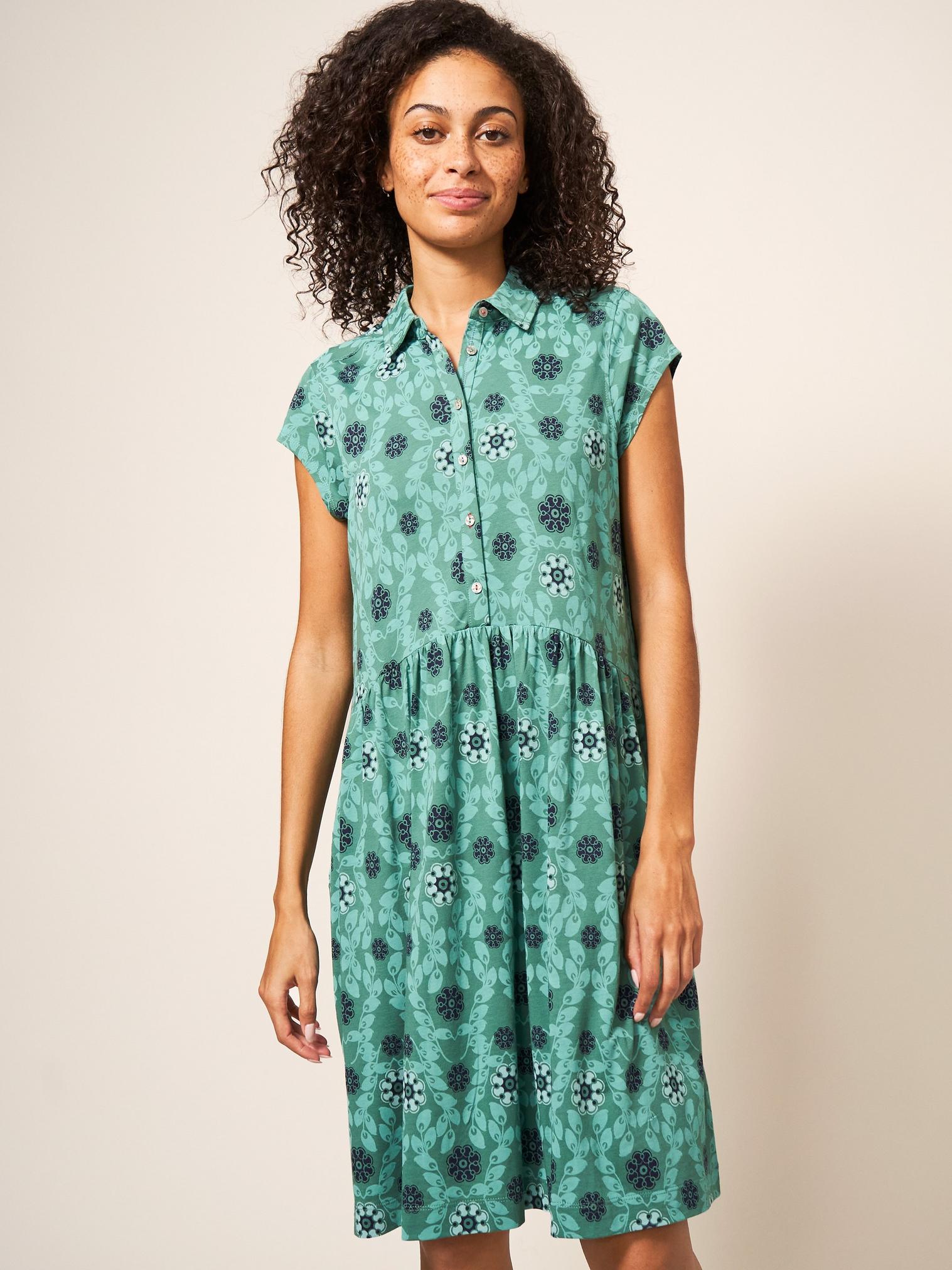 Everly Jersey Shirt Dress in TEAL MLT - LIFESTYLE