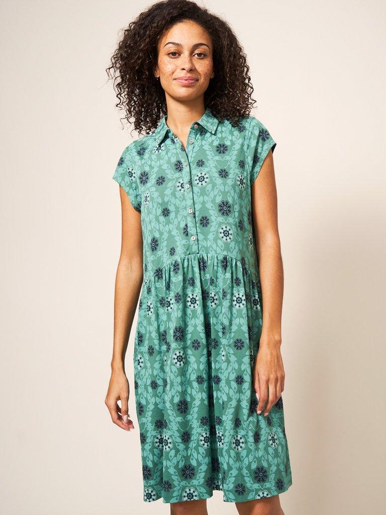 Everly Collared Jersey Shirt Dress in TEAL MLT - LIFESTYLE