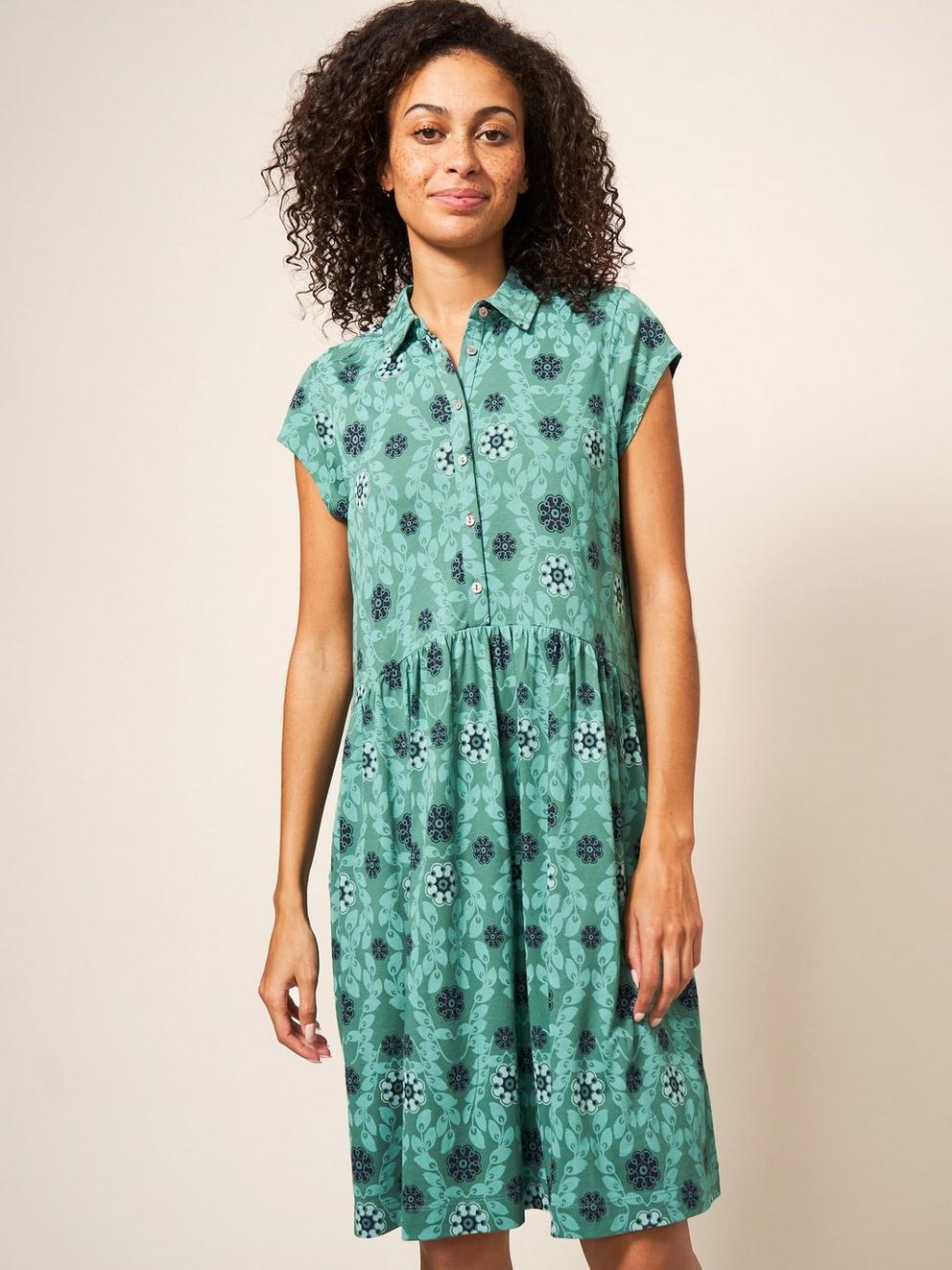 Everly Collared Jersey Shirt Dress in TEAL MLT - LIFESTYLE
