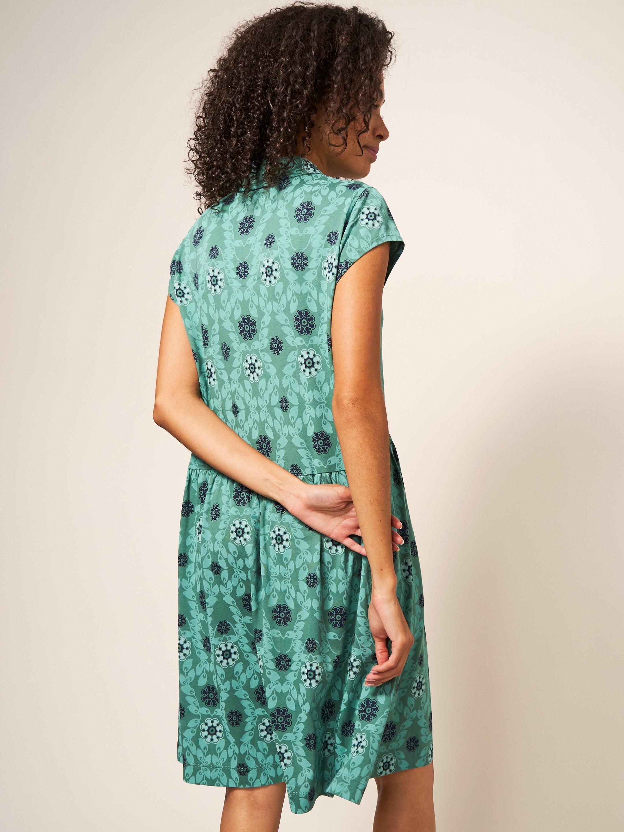 Everly Jersey Shirt Dress in TEAL MLT - MODEL BACK