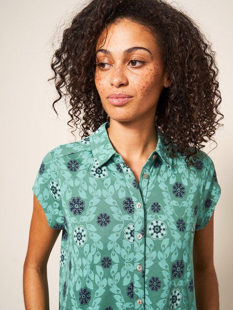 Everly Collared Jersey Shirt Dress in TEAL MLT - MODEL DETAIL