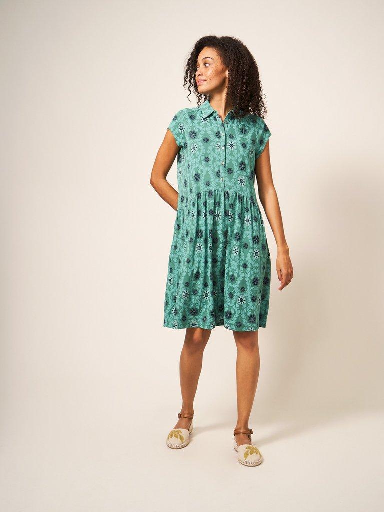 Everly Jersey Shirt Dress in TEAL MLT - MODEL FRONT