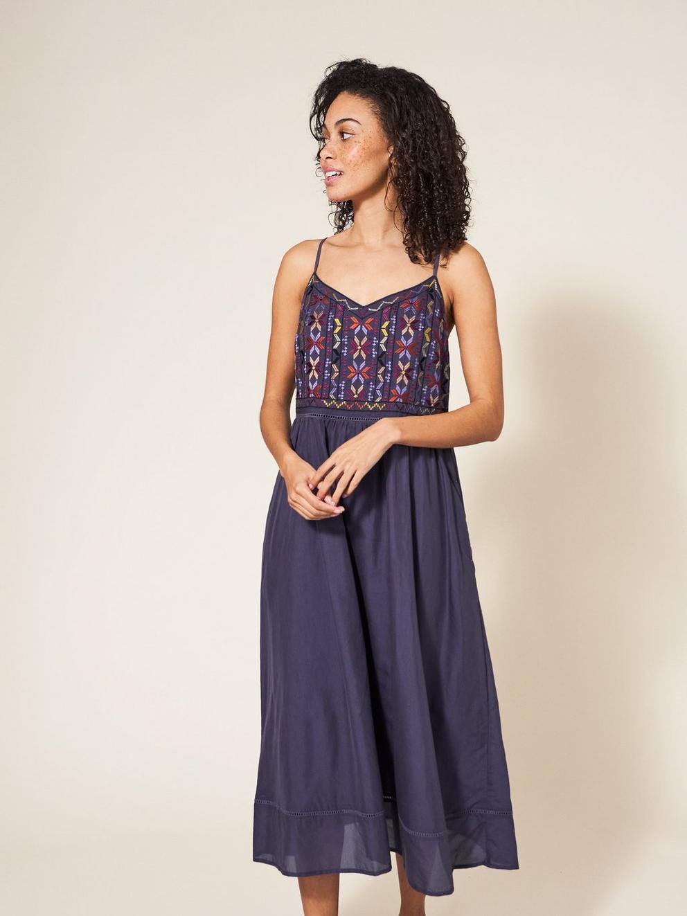 Colette Embroidered Midi Dress in PURPLE MLT - MODEL FRONT