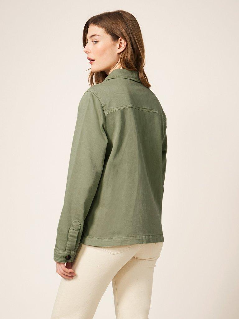 Carrie Regular Fit Denim Jacket in MID GREEN - MODEL BACK