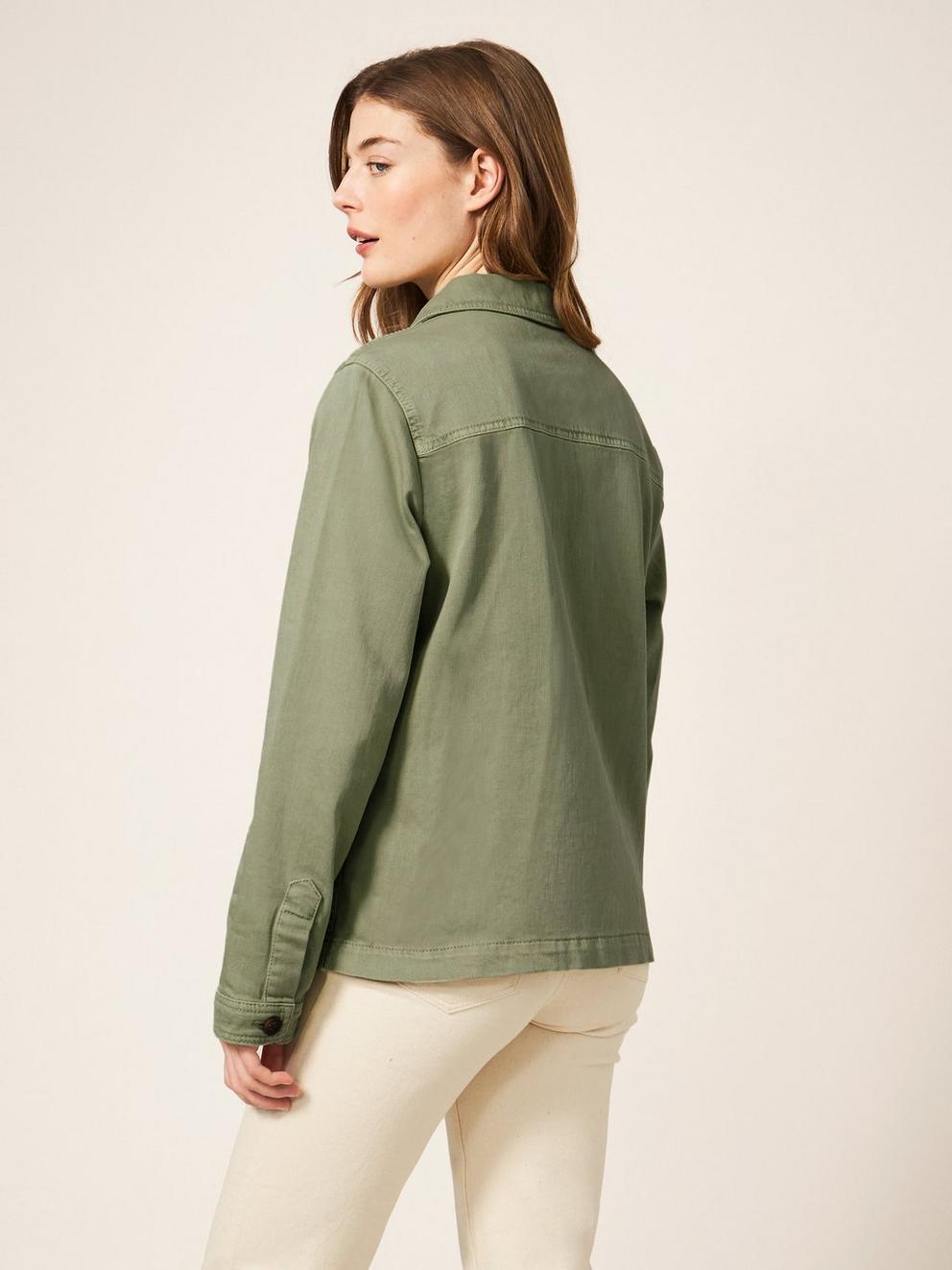 Carrie Regular Fit Denim Jacket in MID GREEN - MODEL BACK