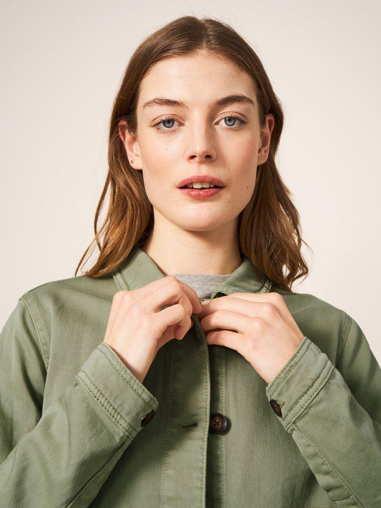 Carrie Regular Fit Denim Jacket in MID GREEN - MODEL DETAIL
