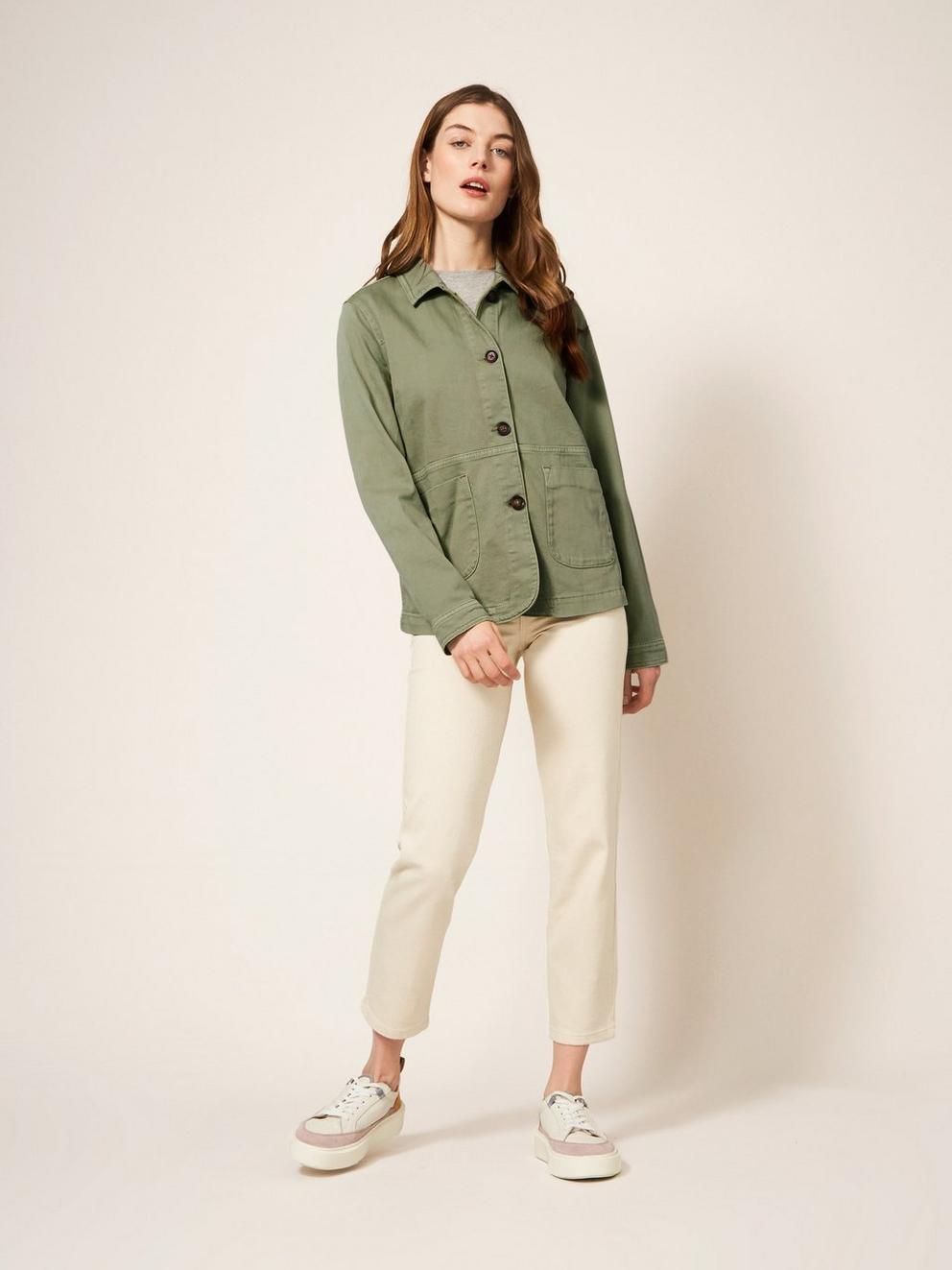 Carrie Regular Fit Denim Jacket in MID GREEN - MODEL FRONT