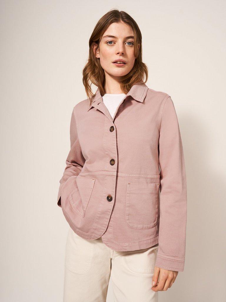 Carrie Regular Fit Denim Jacket in MID PINK - MODEL FRONT