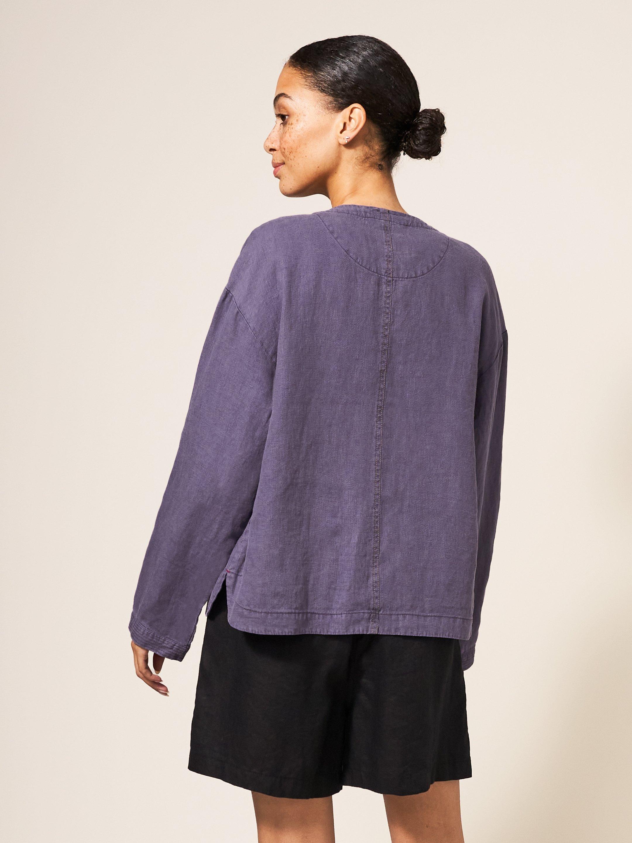 Tabby Linen Jacket in DUS PURPLE - MODEL BACK