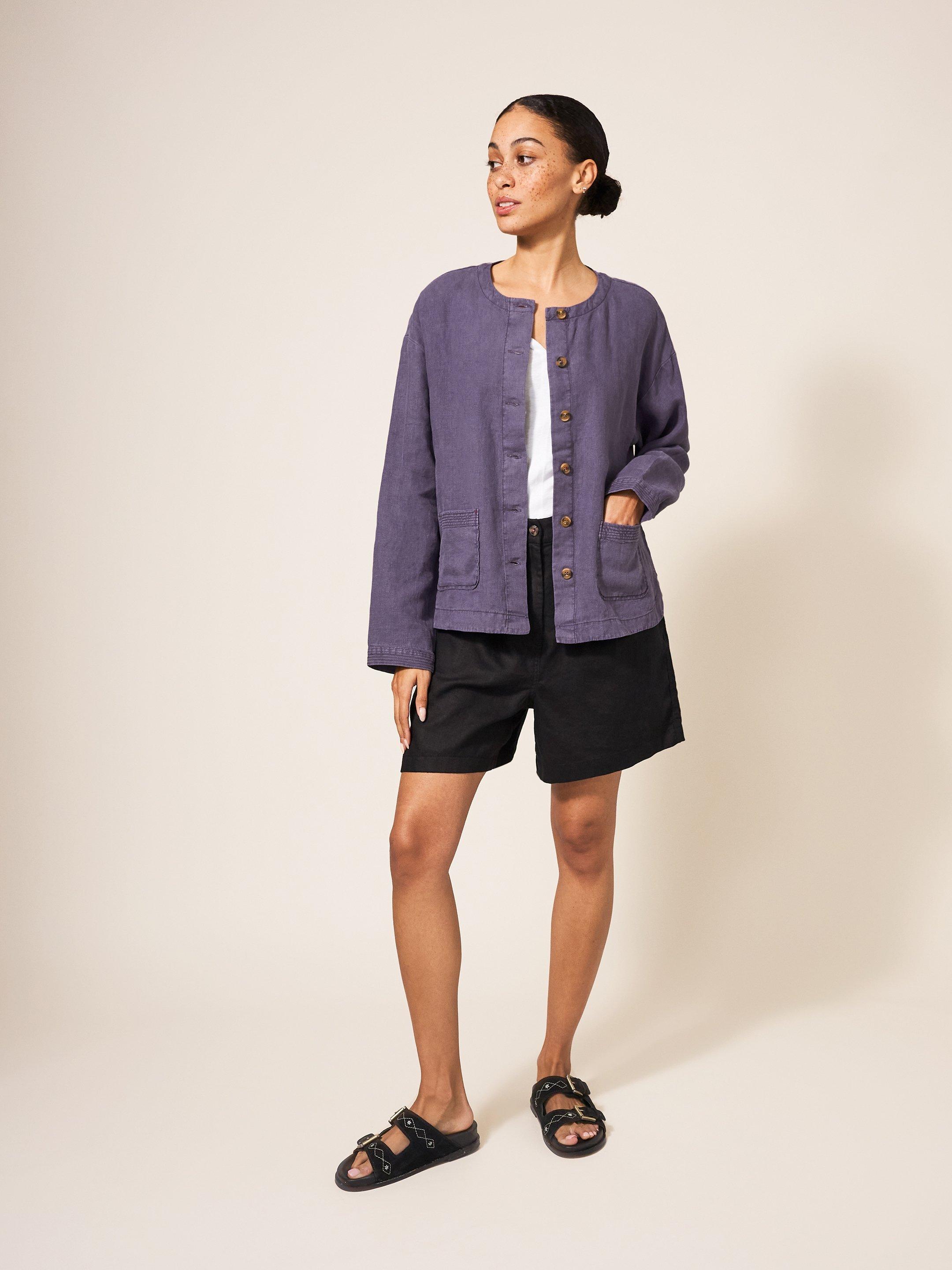 Tabby Linen Jacket in DUS PURPLE - MODEL FRONT