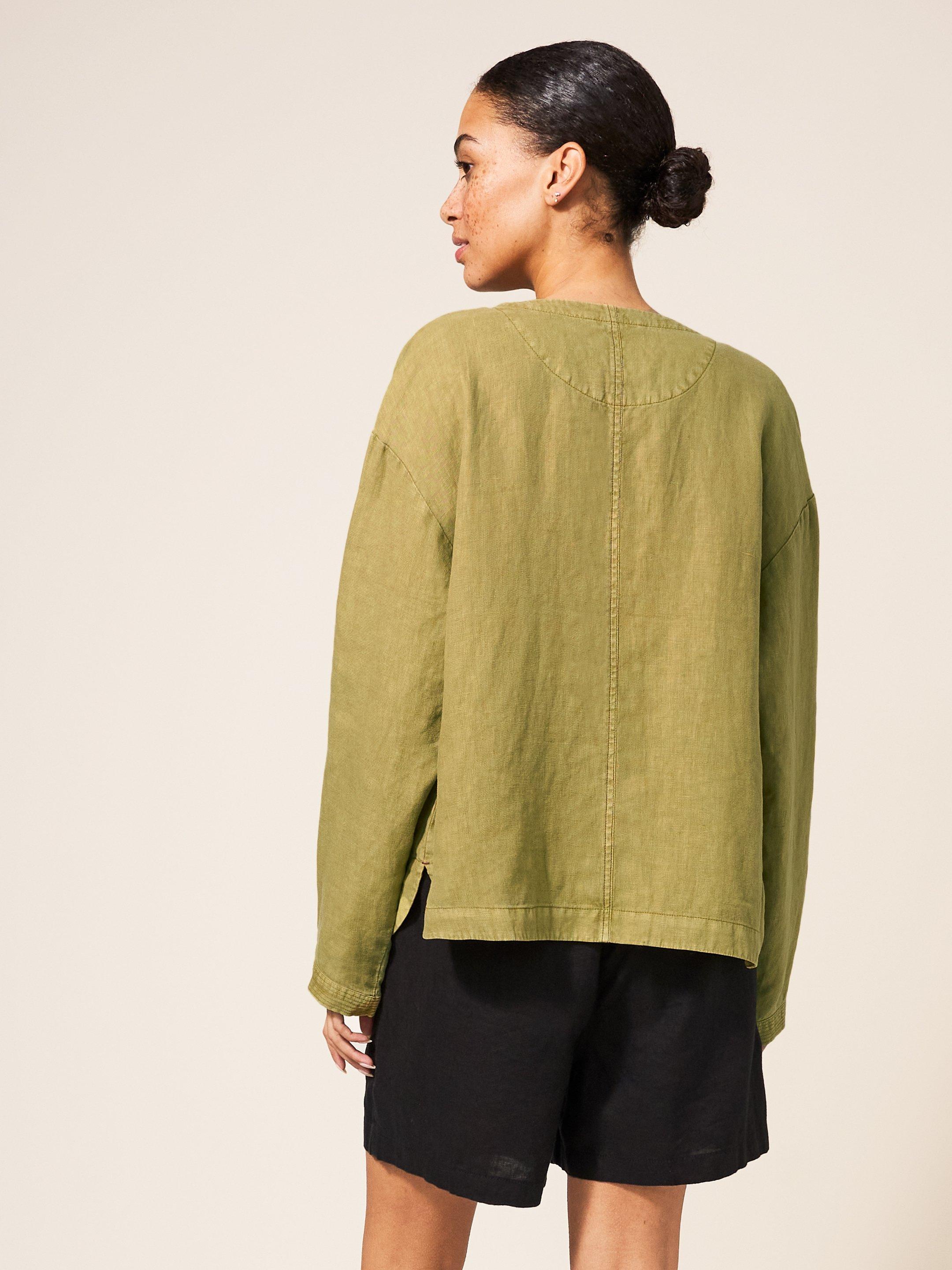 Tabby Linen Jacket in MID GREEN - MODEL BACK