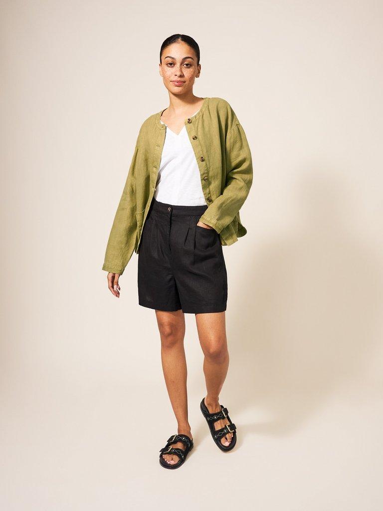 Tabby Linen Jacket in MID GREEN - MODEL FRONT