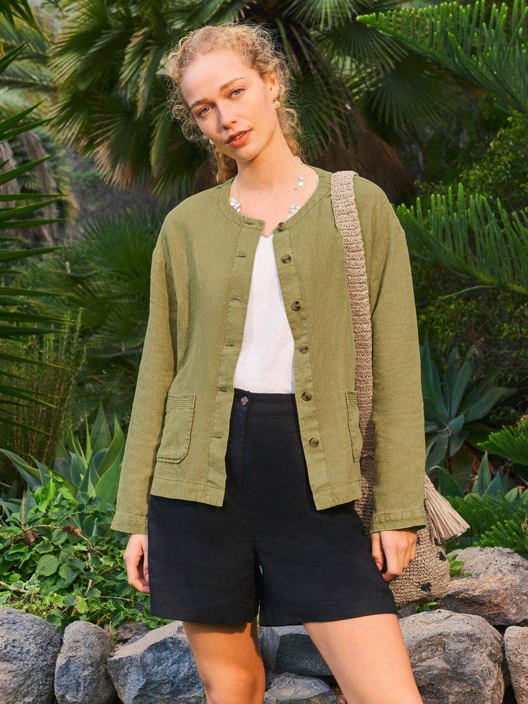 Tabby Linen Jacket in MID GREEN - MIXED