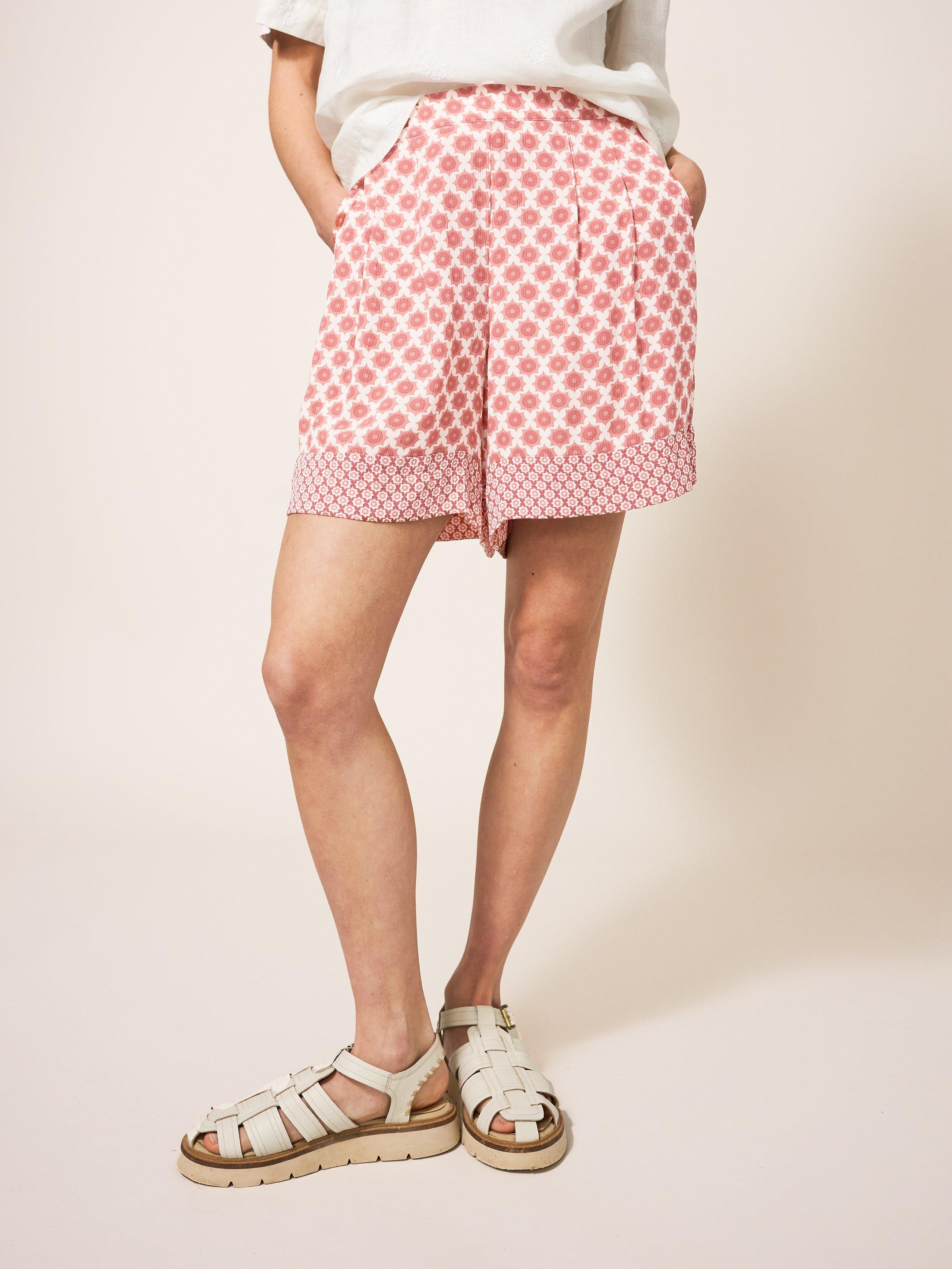 Matilda Crinkle Shorts in RED MLT - MODEL FRONT