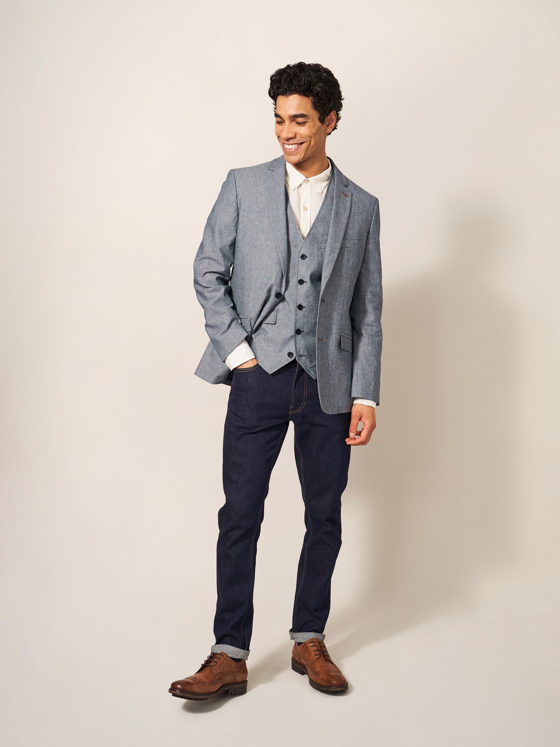 Heath Chambray Blazer in CHAMB BLUE - MODEL FRONT