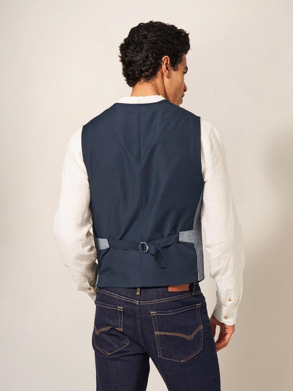 Heath Chambray Waistcoat in CHAMB BLUE - MODEL BACK