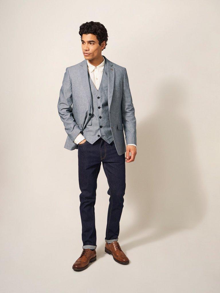 Heath Chambray Waistcoat in CHAMB BLUE - MODEL FRONT