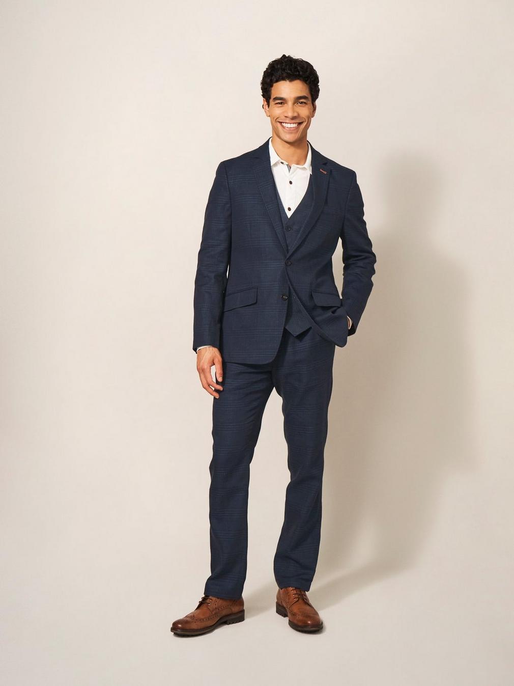 Harrison Check Waistcoat in DEEP BLUE - MODEL FRONT